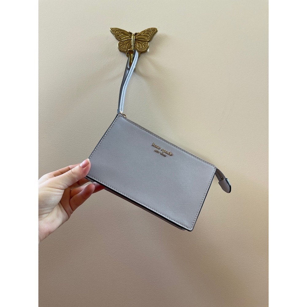 Kate Spade New York Saffiano Leather Wristlet Pouch Lavender Grey Gold Hardware